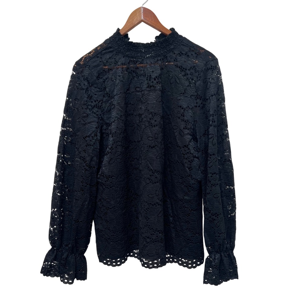 Adrianna Papell Black Floral Lace Blouse Smocked High Neck Ruffle Cuff XL